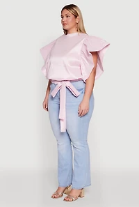 Womens Plus Flutter Sleeve Blouse with Tie Waist Belt, Pink,