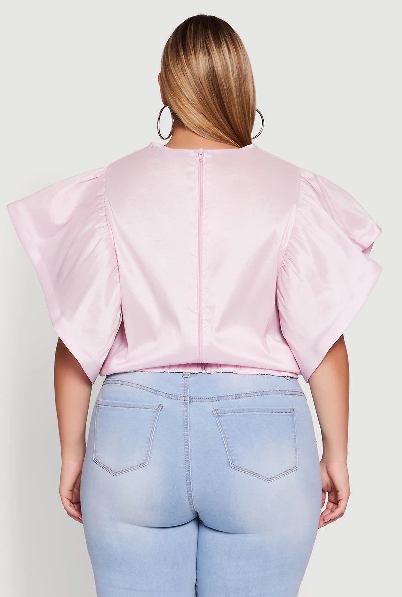 Womens Plus Flutter Sleeve Blouse with Tie Waist Belt, Pink,