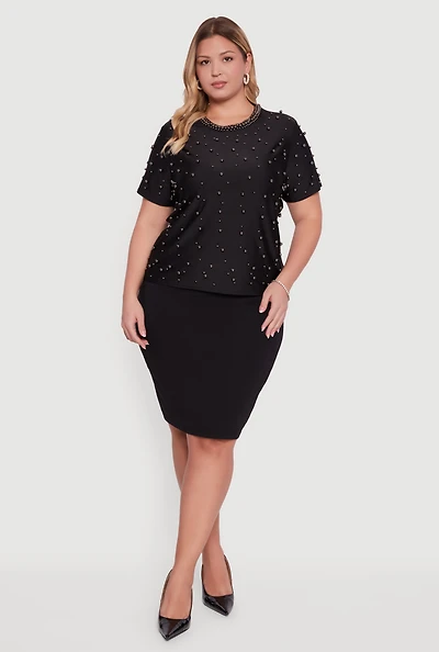 Womens Plus Size Faux Pearl Studded Short Sleeve Blouse, Black, Size 2X