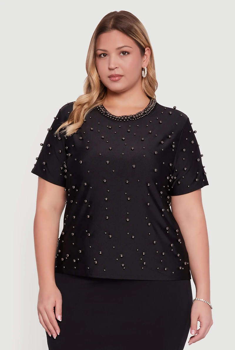 Womens Plus Size Faux Pearl Studded Short Sleeve Blouse, Black, Size 2X