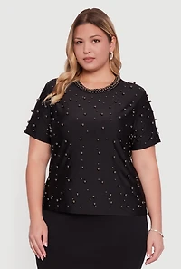 Womens Plus Size Faux Pearl Studded Short Sleeve Blouse, Black, Size 2X