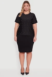 Womens Plus Size Faux Pearl Studded Short Sleeve Blouse, Black, Size 2X