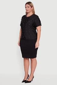 Womens Plus Size Faux Pearl Studded Short Sleeve Blouse, Black, Size 2X