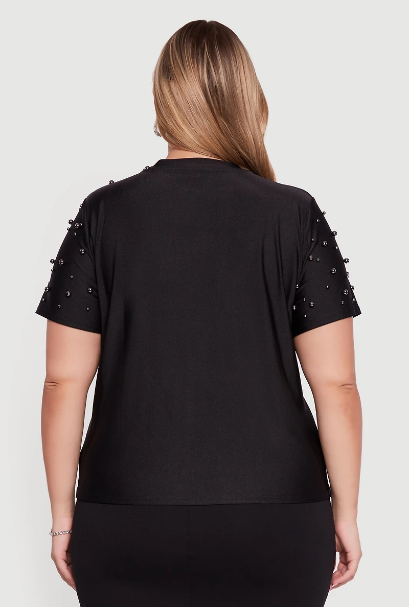 Womens Plus Size Faux Pearl Studded Short Sleeve Blouse, Black, Size 2X