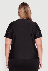Womens Plus Size Faux Pearl Studded Short Sleeve Blouse, Black, Size 2X
