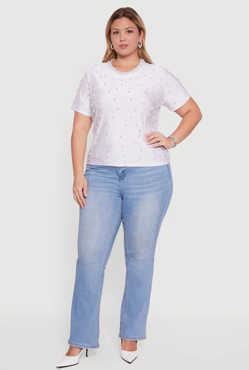 Womens Plus Faux Pearl Studded Short Sleeve Blouse, White,