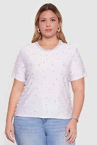Womens Plus Size Faux Pearl Studded Short Sleeve Blouse, White, Size 2X