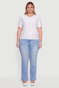 Womens Plus Faux Pearl Studded Short Sleeve Blouse, White,