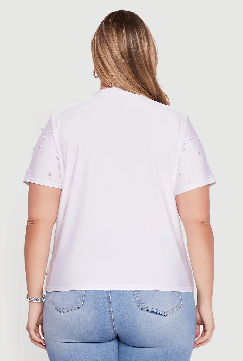 Womens Plus Size Faux Pearl Studded Short Sleeve Blouse, White, Size 2X