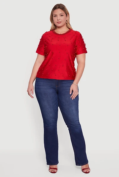 Womens Plus Size Faux Pearl Studded Short Sleeve Blouse, Red, Size 1X