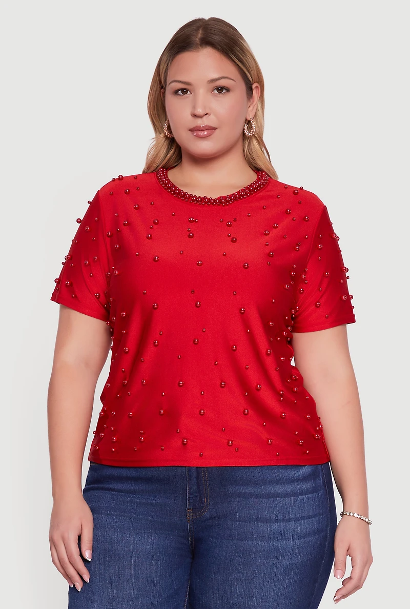 Womens Plus Size Faux Pearl Studded Short Sleeve Blouse, Red, Size 1X