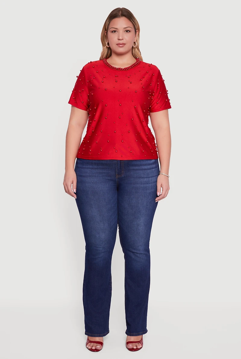 Womens Plus Size Faux Pearl Studded Short Sleeve Blouse, Red, Size 1X