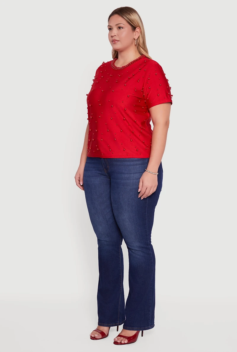 Womens Plus Size Faux Pearl Studded Short Sleeve Blouse, Red, Size 1X