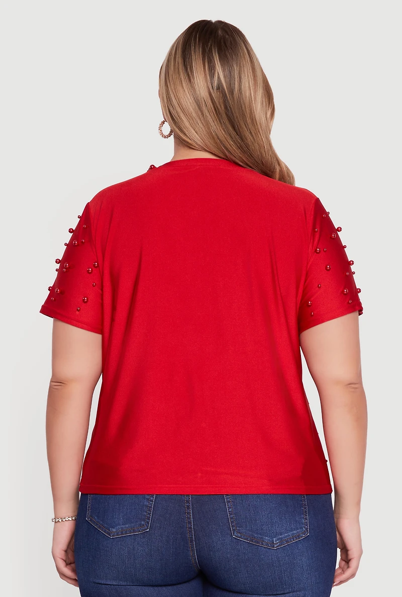 Womens Plus Size Faux Pearl Studded Short Sleeve Blouse, Red, Size 1X