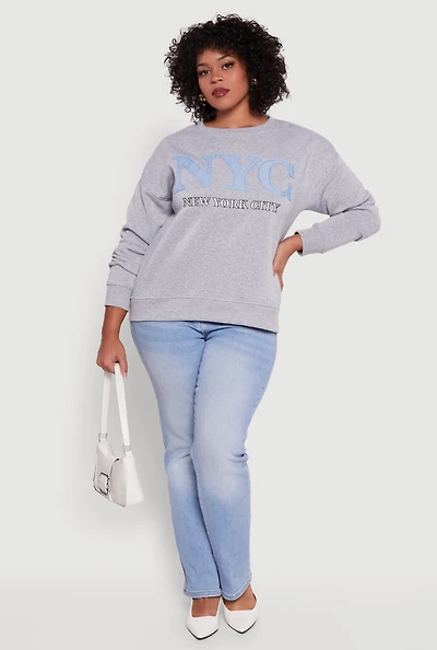 Womens Plus Size Frayed NYC Chambray Patch Graphic Sweatshirt, Grey, Size 3X