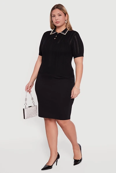 Womens Plus Rhinestone and Faux Pearl Detail Pointelle Blouse, Black,