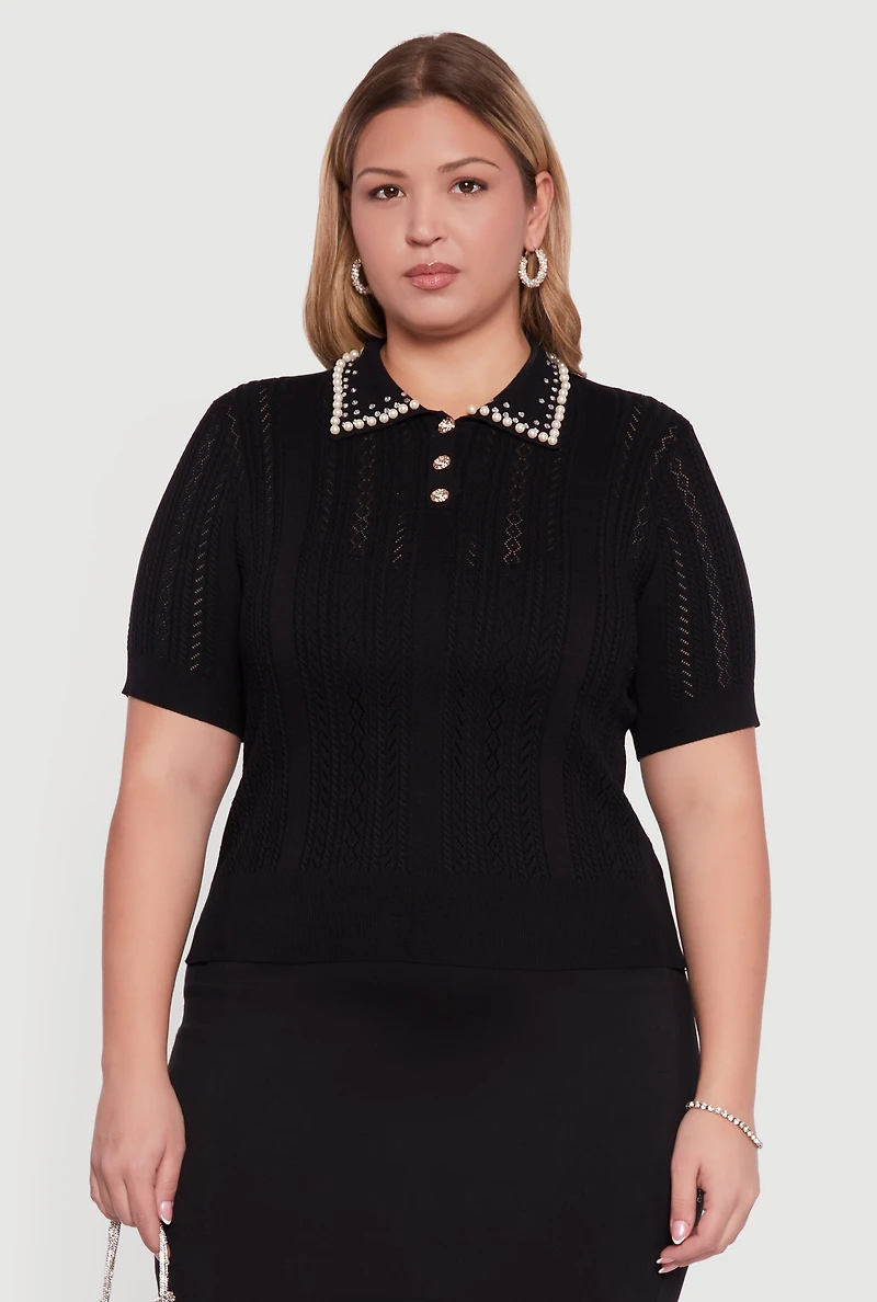 Womens Plus Rhinestone and Faux Pearl Detail Pointelle Blouse,