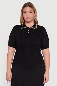 Womens Plus Rhinestone and Faux Pearl Detail Pointelle Blouse,