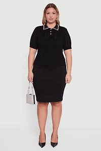 Womens Plus Size Rhinestone and Faux Pearl Detail Pointelle Blouse, Black, Size 3X