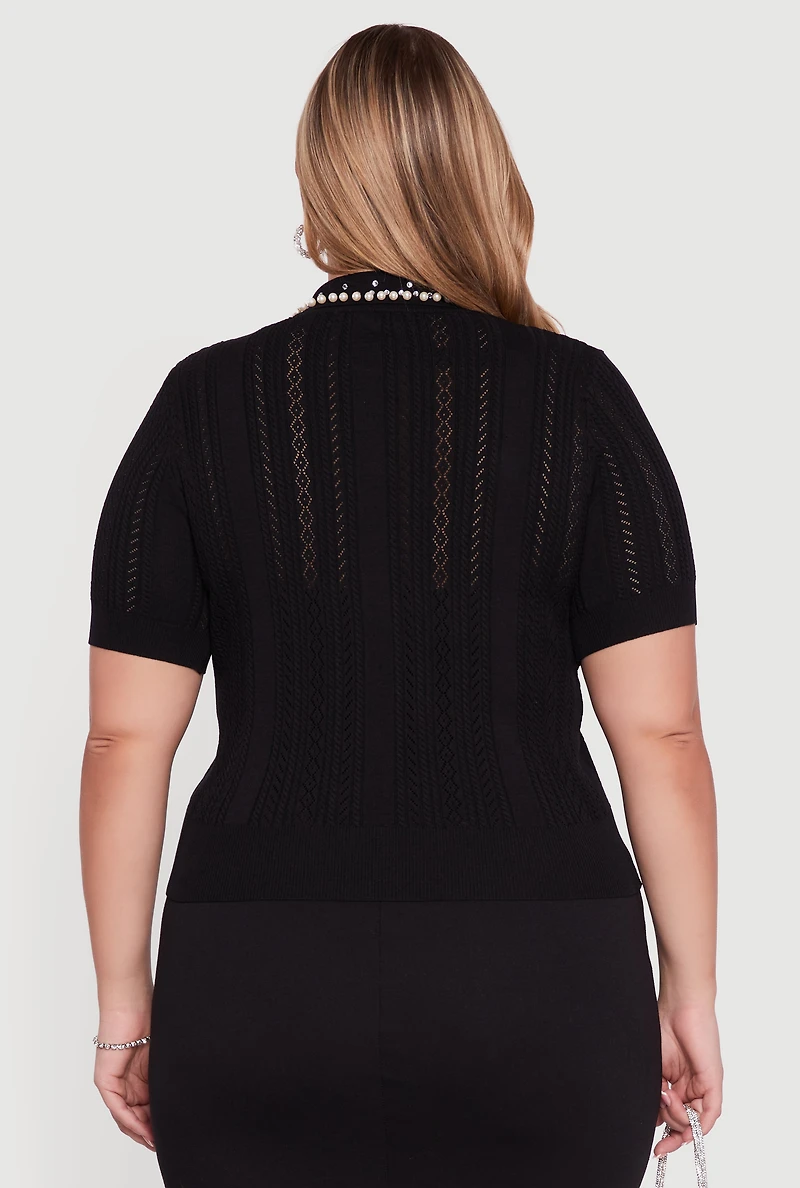 Womens Plus Rhinestone and Faux Pearl Detail Pointelle Blouse,