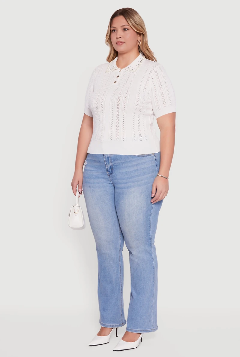 Womens Plus Size Rhinestone and Faux Pearl Detail Pointelle Blouse, White, Size 2X