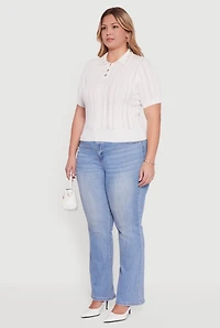 Womens Plus Size Rhinestone and Faux Pearl Detail Pointelle Blouse, White, Size 2X