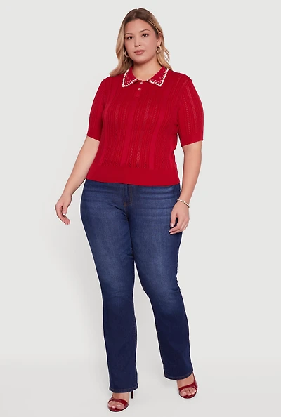 Womens Plus Rhinestone and Faux Pearl Detail Pointelle Blouse,