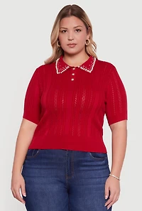 Womens Plus Size Rhinestone and Faux Pearl Detail Pointelle Blouse, Red, Size 3X