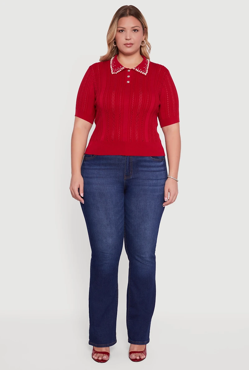 Womens Plus Size Rhinestone and Faux Pearl Detail Pointelle Blouse, Red, Size 3X