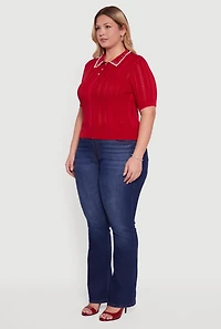 Womens Plus Size Rhinestone and Faux Pearl Detail Pointelle Blouse, Red, Size 3X