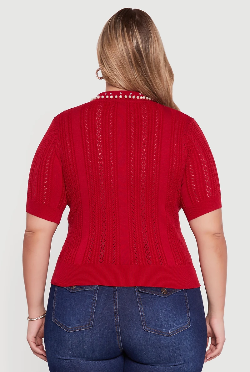 Womens Plus Size Rhinestone and Faux Pearl Detail Pointelle Blouse, Red, Size 3X