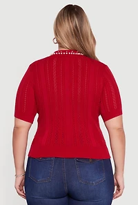 Womens Plus Size Rhinestone and Faux Pearl Detail Pointelle Blouse, Red, Size 3X