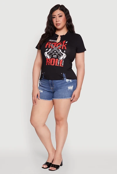 Womens Plus Size Safety Pin Rock and Roll Graphic Notch Neck Tee, Black, Size 1X