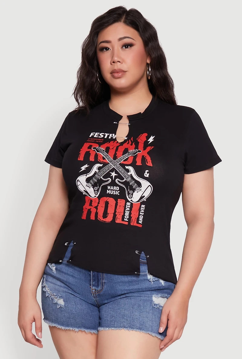 Womens Plus Size Safety Pin Rock and Roll Graphic Notch Neck Tee, Black, Size 1X
