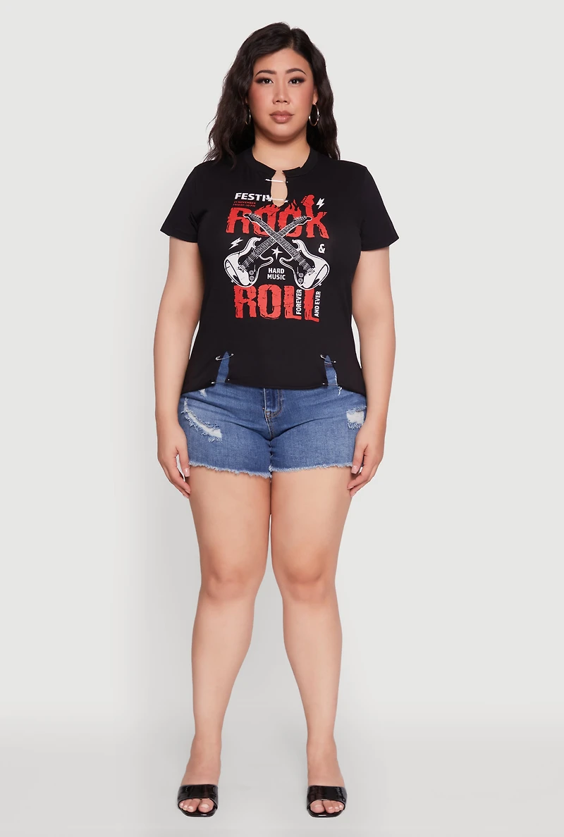 Womens Plus Size Safety Pin Rock and Roll Graphic Notch Neck Tee, Black, Size 1X