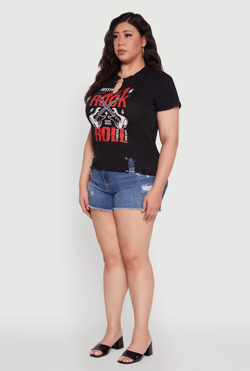 Womens Plus Size Safety Pin Rock and Roll Graphic Notch Neck Tee, Black, Size 1X