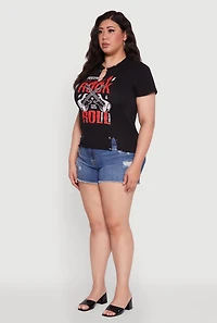 Womens Plus Size Safety Pin Rock and Roll Graphic Notch Neck Tee, Black, Size 1X
