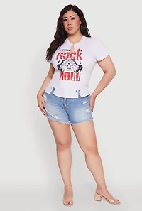 Womens Plus Safety Pin Rock and Roll Graphic Notch Neck Tee, White,