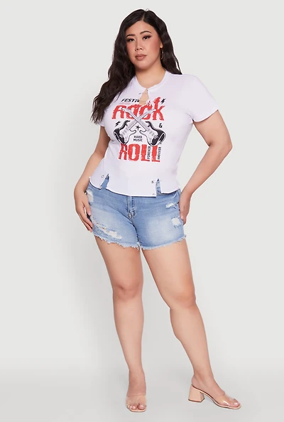 Womens Plus Size Safety Pin Rock and Roll Graphic Notch Neck Tee, White, Size 3X