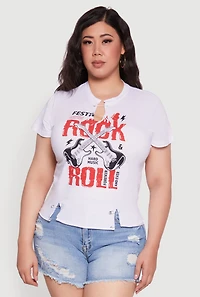 Womens Plus Size Safety Pin Rock and Roll Graphic Notch Neck Tee, White, Size 3X