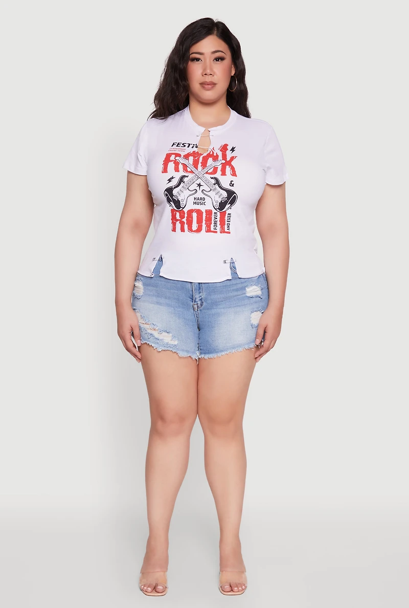 Womens Plus Safety Pin Rock and Roll Graphic Notch Neck Tee, White,