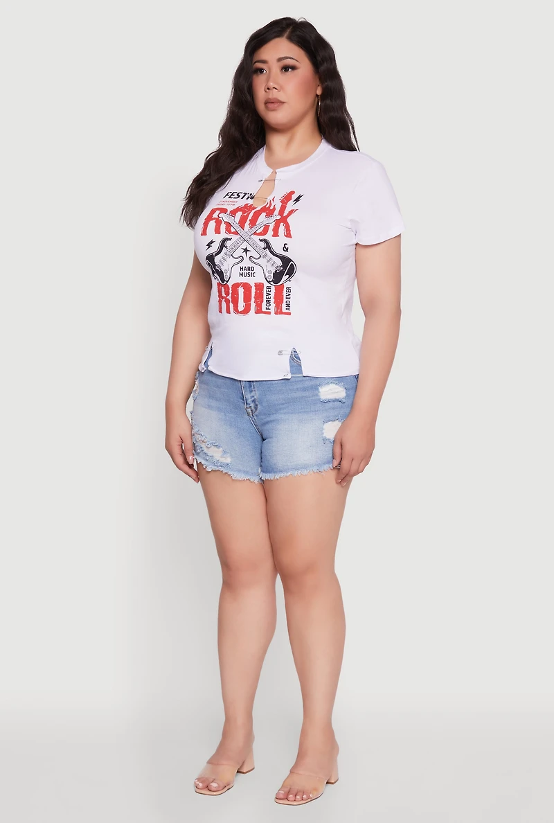 Womens Plus Size Safety Pin Rock and Roll Graphic Notch Neck Tee, White, Size 2X
