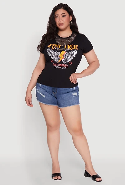 Womens Plus Rock And Roll Graphic Mesh Detail T-Shirt,