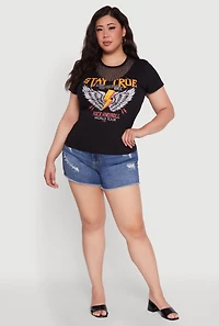 Womens Plus Rock And Roll Graphic Mesh Detail T-Shirt,