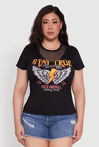 Womens Plus Rock And Roll Graphic Mesh Detail T-Shirt,