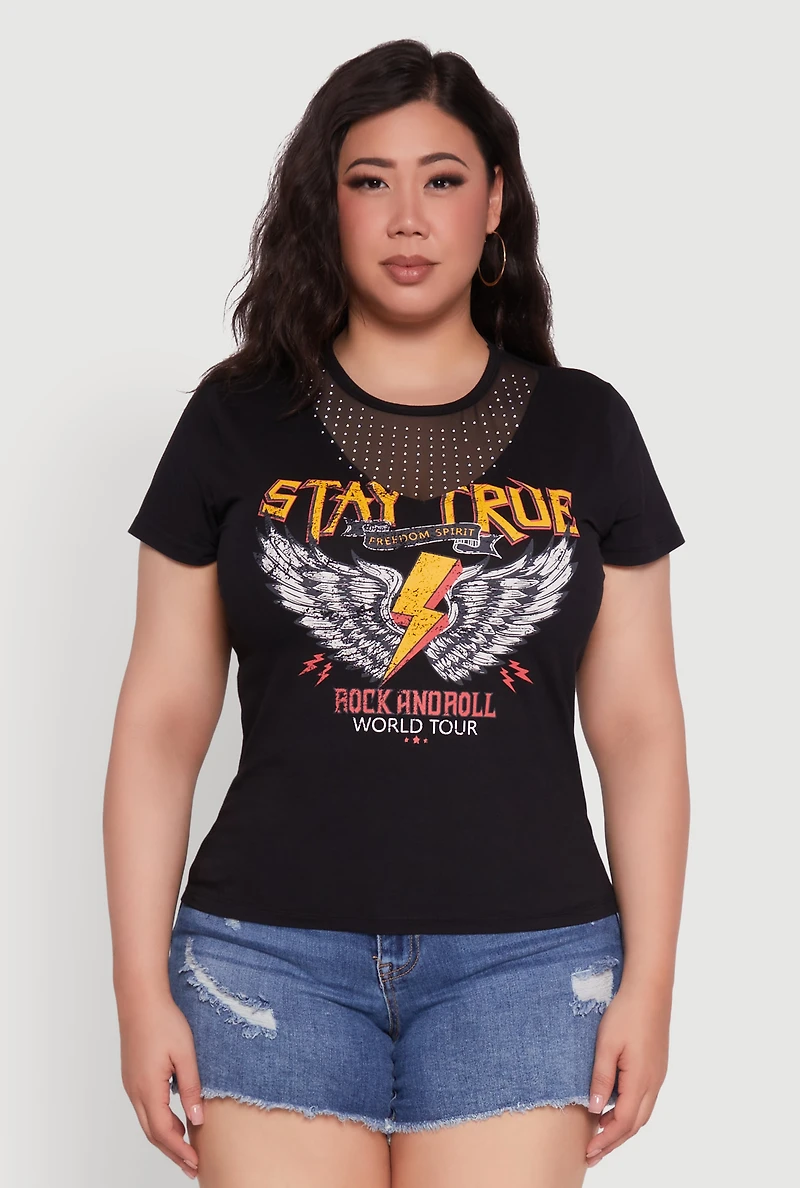 Womens Plus Size Rock And Roll Graphic Mesh Detail T-Shirt, Black, Size 1X