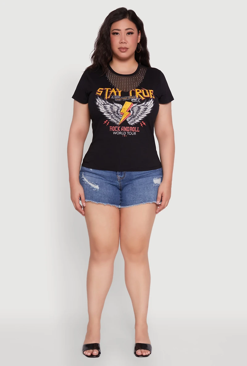 Womens Plus Size Rock And Roll Graphic Mesh Detail T-Shirt, Black, Size 1X