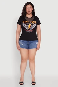 Womens Plus Size Rock And Roll Graphic Mesh Detail T-Shirt, Black, Size 1X