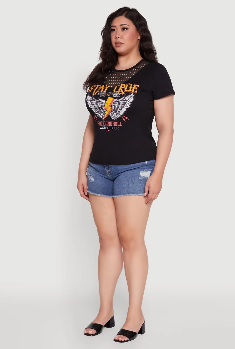 Womens Plus Size Rock And Roll Graphic Mesh Detail T-Shirt, Black, Size 1X