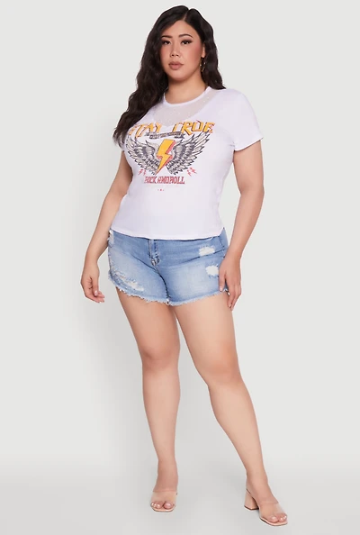 Womens Plus Size Rock And Roll Graphic Mesh Detail T-Shirt, White, Size 1X